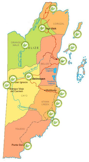 Belize map with green clean retail locations